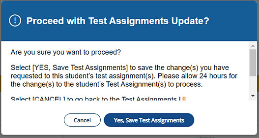 Save Test Assignments pop-up message.
