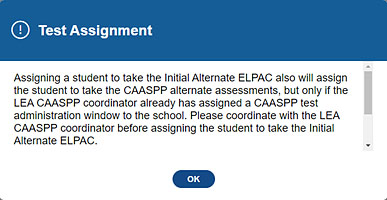 Save Test Assignment message pop-up.