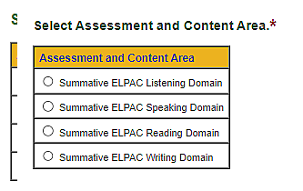 'Select Assessment and Content Area' section for Initial ELPAC.