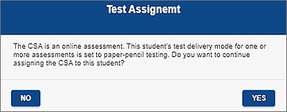 Test Assignment confirmation popup.