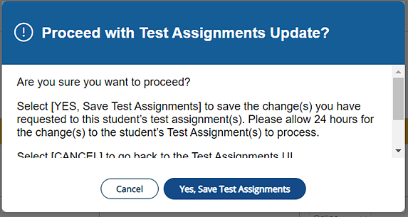 Save Test Assignments pop-up.