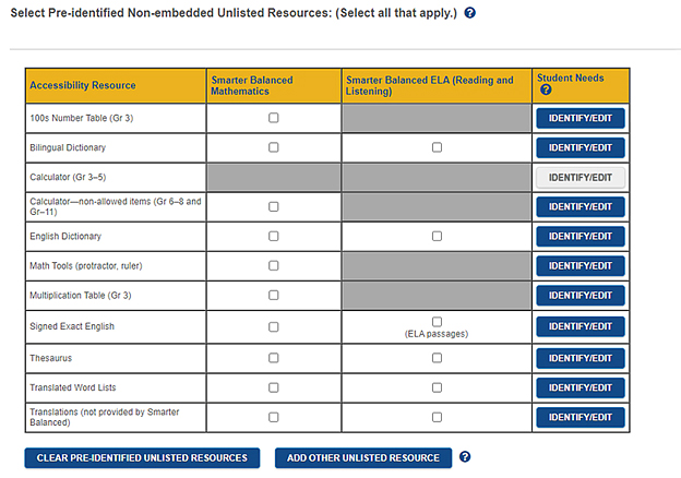 The Pre-Identified Non-embedded Unlisted Resources table for CAASPP.