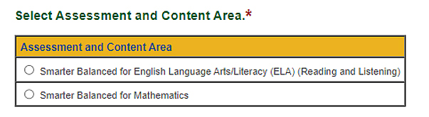 The 'Select Assessment and Content Area' section for CAASPP.