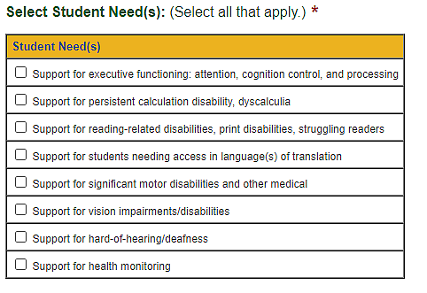 'Select Student Needs' section.