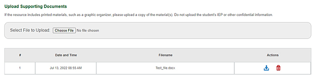 The 'Upload Supporting Document' section after a document has been uploaded.