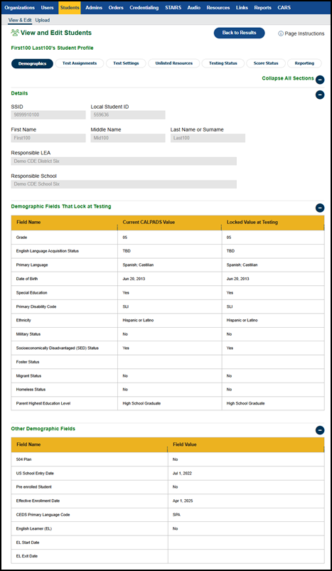 Student Demographics tab.