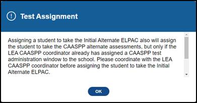 Test Assignment notification box.