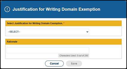 Justification for Writing Domain Exemption pop-up message with fields to select the justification and rationale.