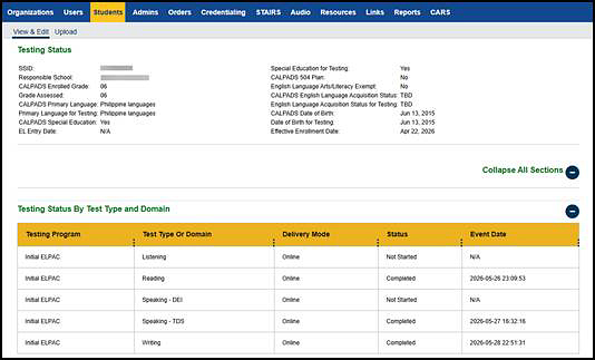 Testing Status By Test Type and Domain table.