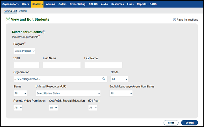 Search for Students screen.
