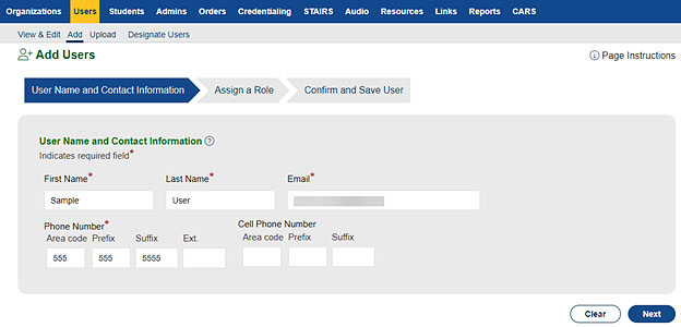 User Name and Contact Information progress step.