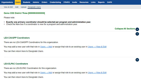 Designate Users screen when no LEA coordinators have been assigned for organization.