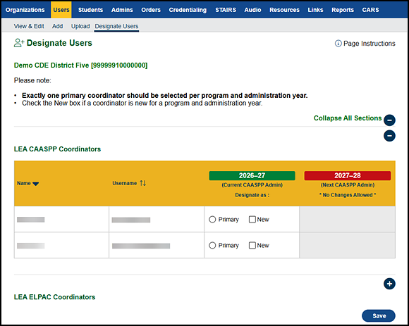 Designate Users screen when no LEA coordinators have been assigned for organization.